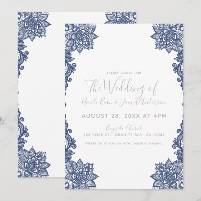 Invitation Dentelle florale blanche et bleue minimale Mariage (Devant / Derrière)