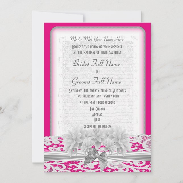 Invitation Dentelle florale blanche et mariage rose fuchsia (Devant)
