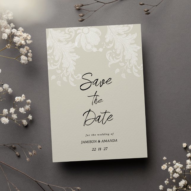 Invitation Dentelle florale blanche et neutre rustique Enregi (Rustic neutral white floral lace Save The Date)