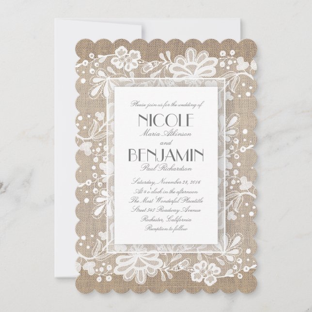 Invitation Dentelle florale blanche Mariage rustique (Devant)