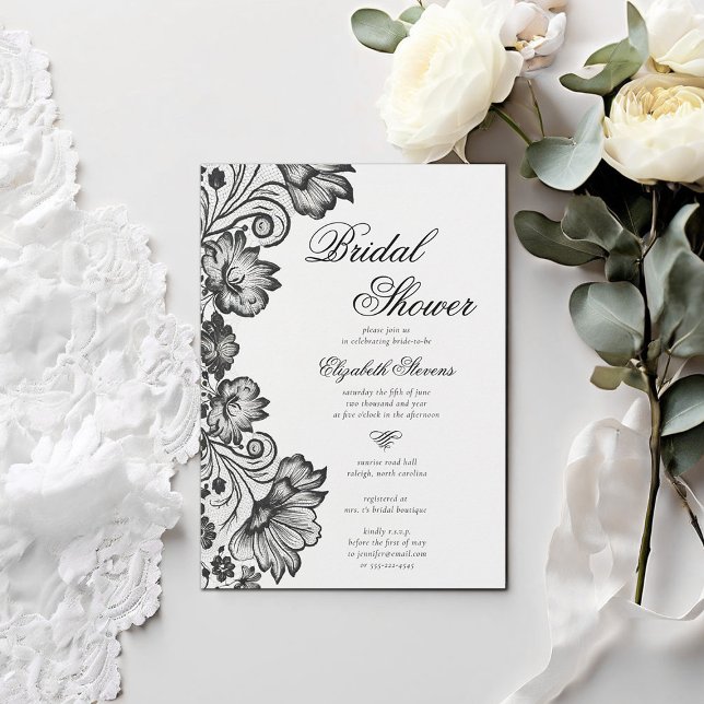 Invitation Dentelle florale blanche noire Fête des mariées ch (formal traditional bridal shower invitation black lace elegant modern classic calligraphy)