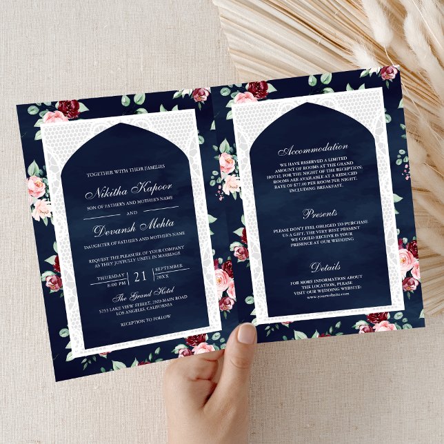 Invitation Dentelle florale bleu foncé tout en un Mariage ind (Créateur téléchargé)
