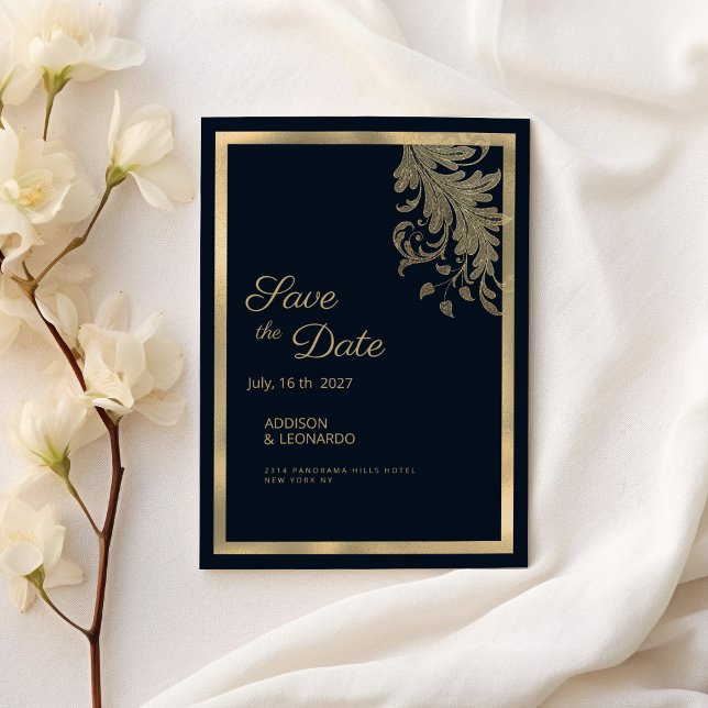 Invitation Dentelle florale bleu marine classique Enregistrer (Classy navy blue gold floral lace Save the Date )