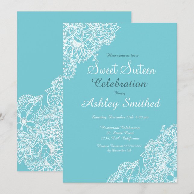 Invitation Dentelle florale bleu oeuf Robbin Sweet 16 (Devant / Derrière)