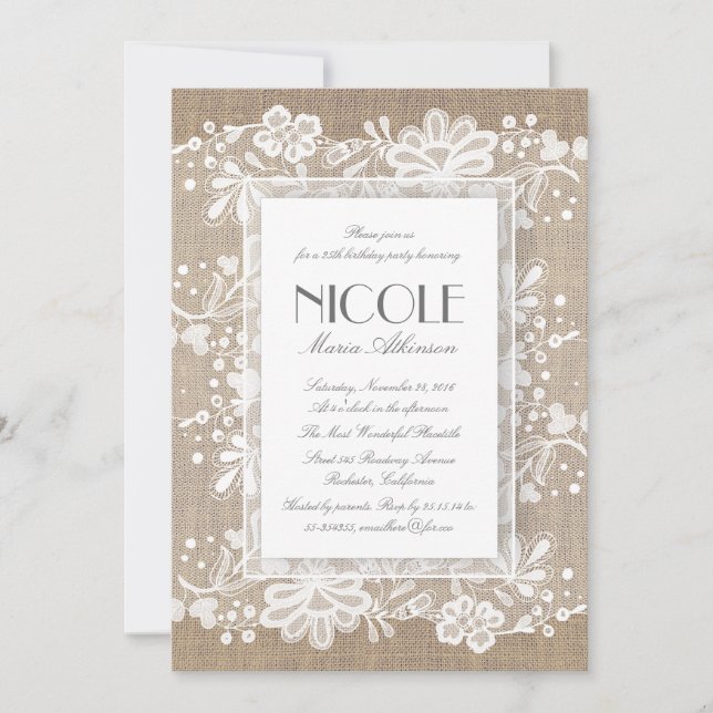 Invitation Dentelle florale et Burlap Élégante fête d'anniver (Devant)