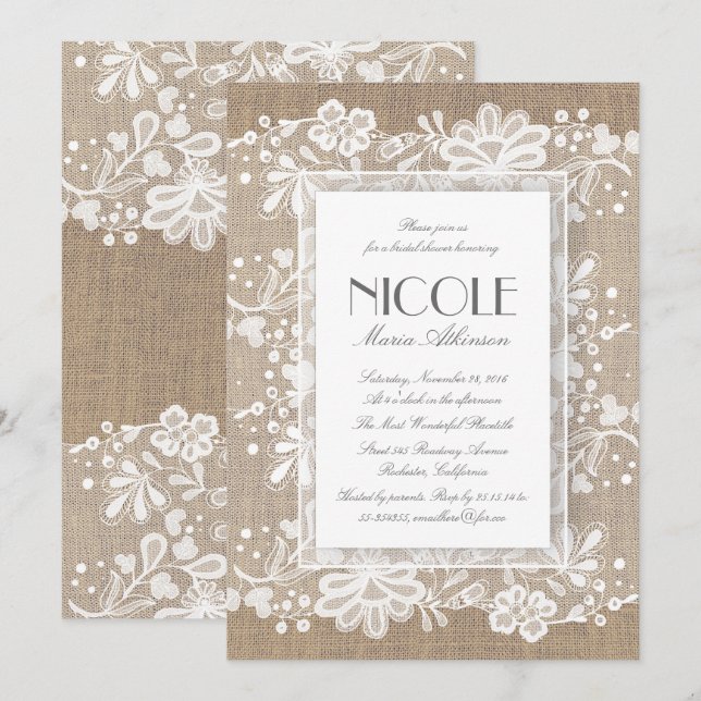 Invitation Dentelle florale et Burlap Élégante Fête des marié (Devant / Derrière)