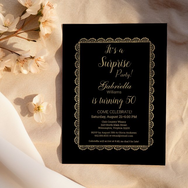 Invitation Dentelle florale noir chic de luxe Surprise Party (Luxury black chic gold floral lace Surprise Party)