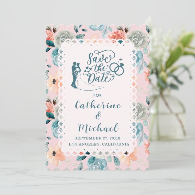 Invitation Dentelle florale rose pâle Élégante calligraphie d (Debout devant)