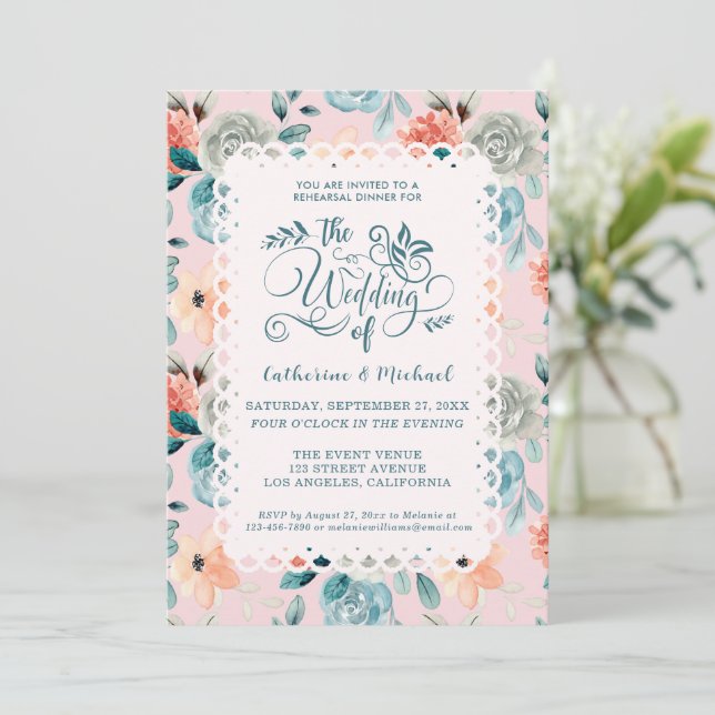 Invitation Dentelle florale rose pâle Élégante calligraphie d (Debout devant)