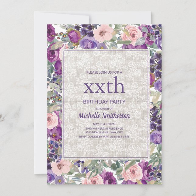 Invitation Dentelle Florale Rose Violet N'Importe Quel Âge An (Devant)