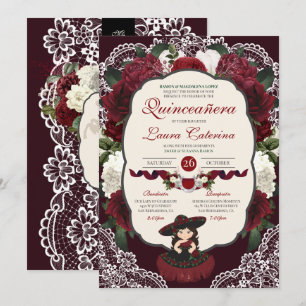 Invitation Dentelle florale rouge Bourgogne Charro Quinceaner