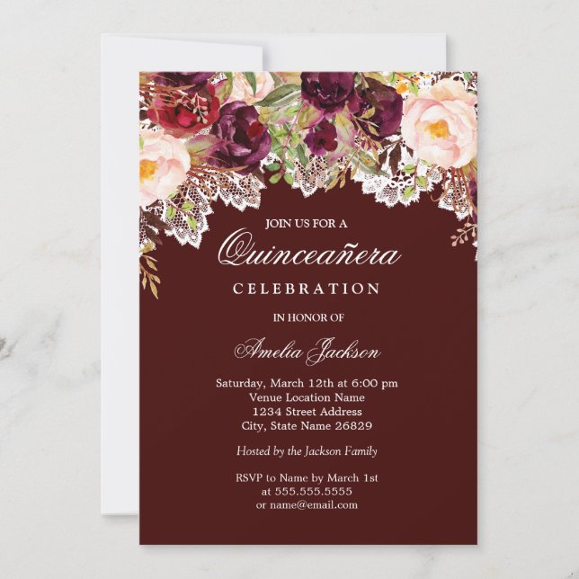 Invitation Dentelle florale rustique Bourgogne Quinceanera (Devant)