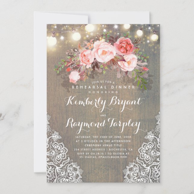 Invitation Dentelle florale rustique Lights Dîner de répétiti (Devant)