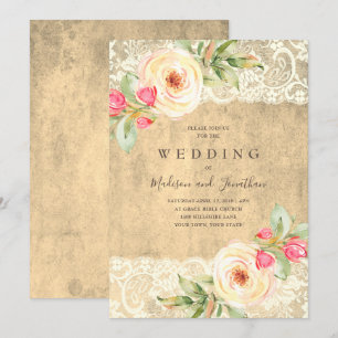 Invitation Dentelle florale rustique vintage mariage invitati