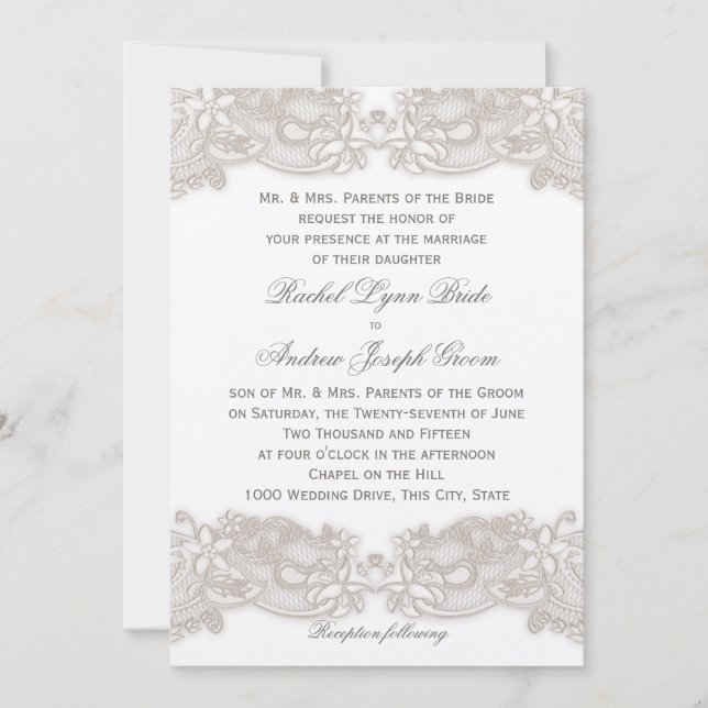 Invitation Dentelle florale victorienne Taupe et blanc (Devant)