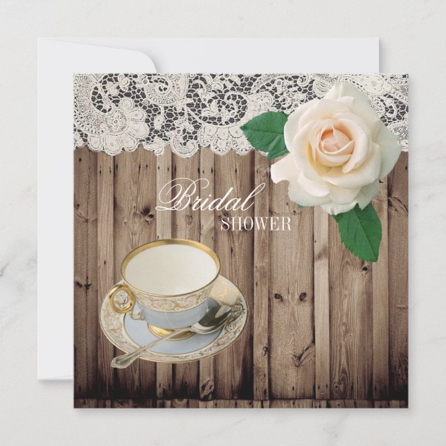 Invitation dentelle grange bois Fête des mariées Tea Party In (Devant)