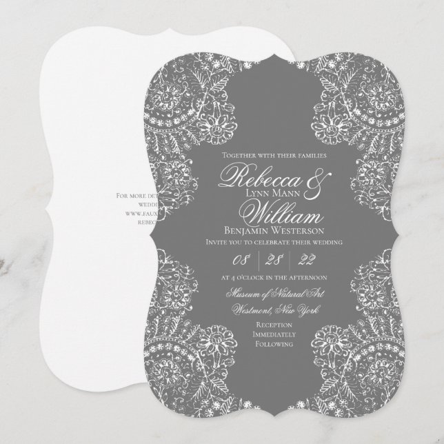 Invitation Dentelle gris Elégant Mariage Vintage (Devant / Derrière)