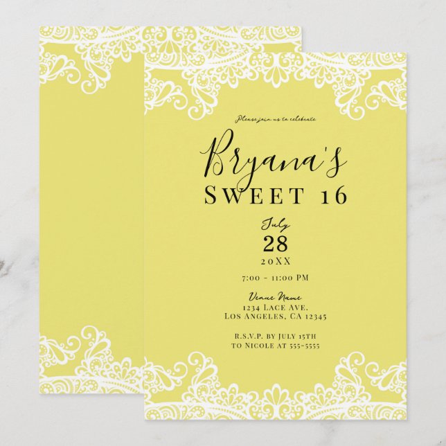 Invitation Dentelle Jaune & Blanc Élégante Douce 16 Partie (Devant / Derrière)