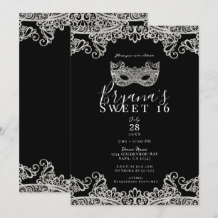 Invitation Dentelle noire & argent Masquerade Sweet 16 Party
