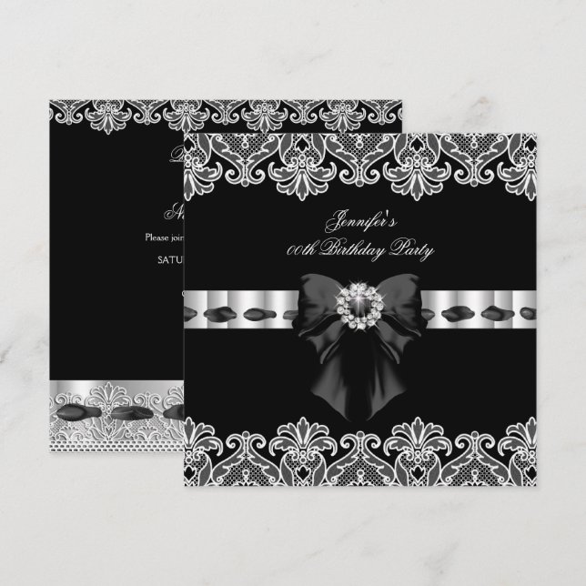 Invitation Dentelle noire blanche Diamants Anniversaire fête  (Devant / Derrière)