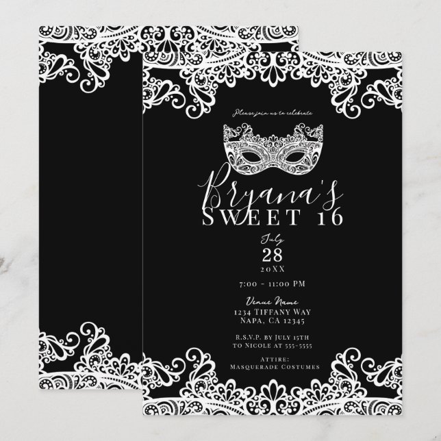 Invitation Dentelle noire & blanche Masquerade Sweet 16 Party (Devant / Derrière)