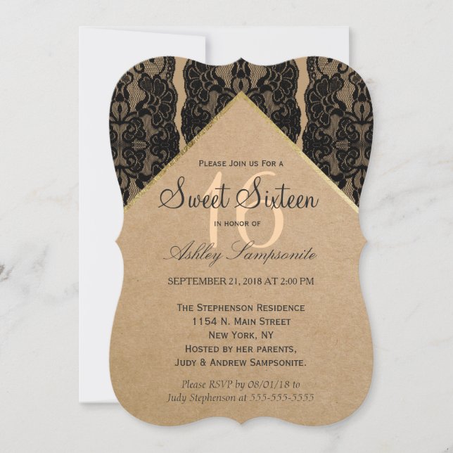 Invitation Dentelle noire chic et classique, or et papier Rec (Devant)