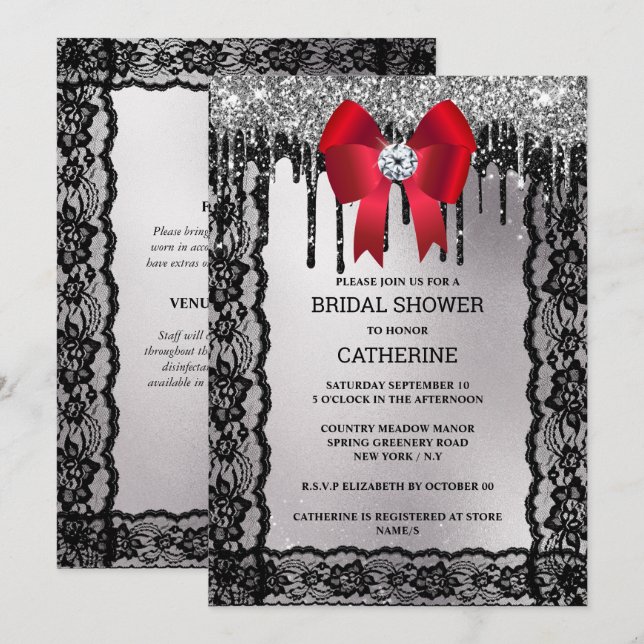 Invitation Dentelle noire diamant arc rouge argent parties sc (Devant / Derrière)