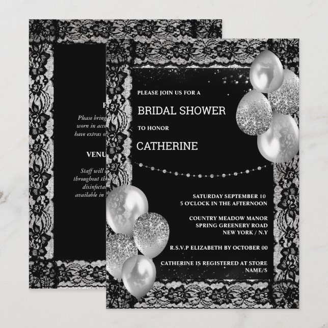 Invitation Dentelle noire diamant brillant chic ballon chic (Devant / Derrière)