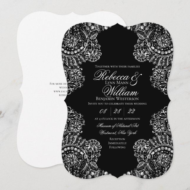 Invitation Dentelle noire et blanche Élégante Mariage gothiqu (Devant / Derrière)