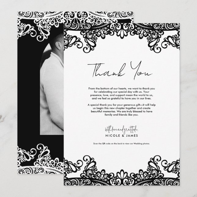 Invitation Dentelle noire et blanche Merci de mariage élégant (Devant / Derrière)
