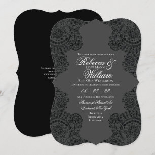 Invitation Dentelle noire et gris Élégant Mariage gothique