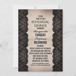 Invitation dentelle noire et tonneau rustique dîner de répéti