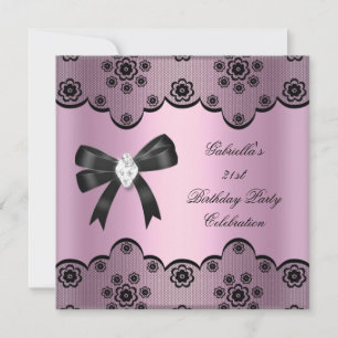 Invitation Dentelle noire rose Elégant Anniversaire Partie Di