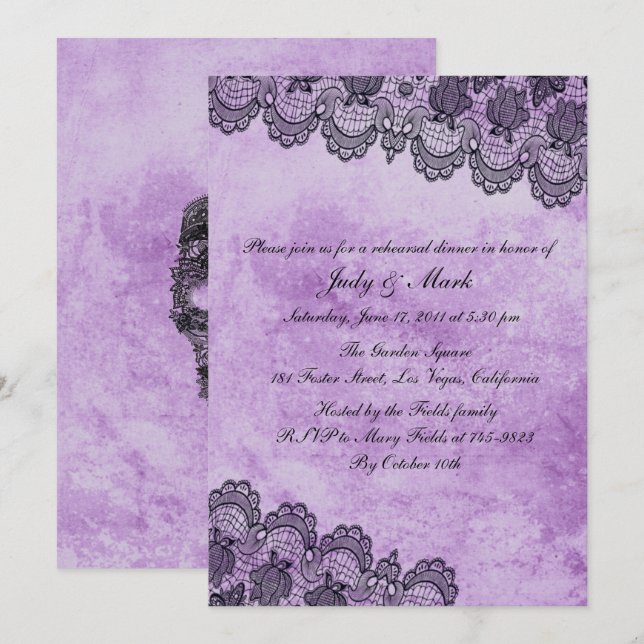 Invitation Dentelle noire violet Mariage gothique Dîner de ré (Devant / Derrière)