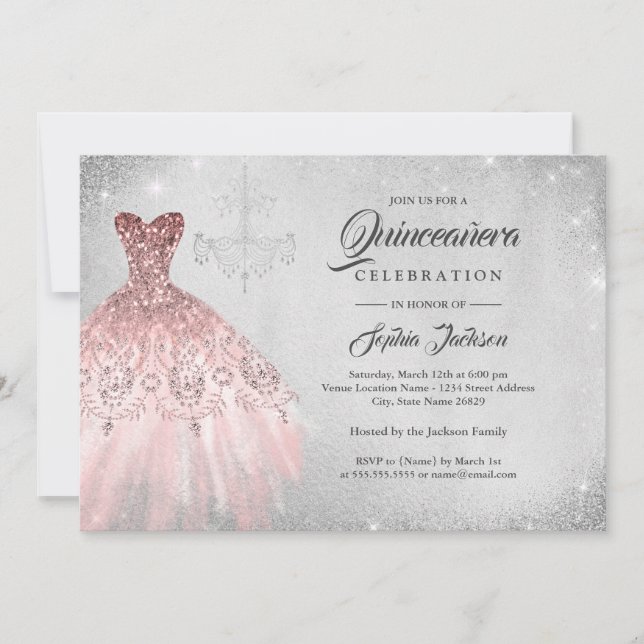 Invitation Dentelle or Rose argenté Dentelle or Quinceanera (Devant)