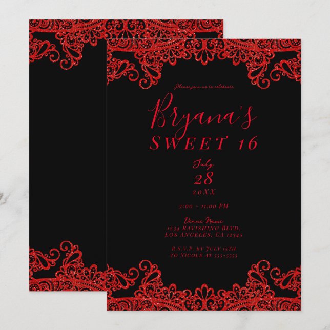 Invitation Dentelle Parties scintillant rouge Étincelle Noir  (Devant / Derrière)