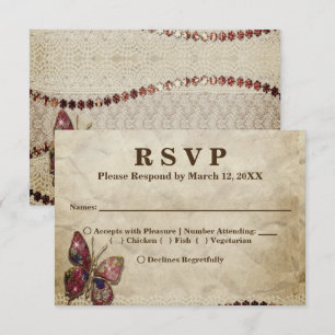 Invitation Dentelle, perles, menu RSVP Papillon