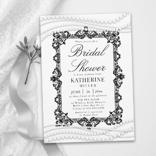 Invitation Dentelle Perles Noir Blanc Mariage Élégant