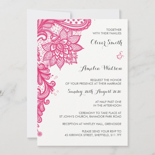 Invitation Dentelle rose chaud (Devant)