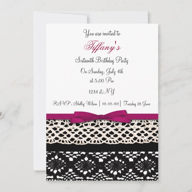Invitation dentelle rose damask Sweet sixteen party Invitatio (Devant)