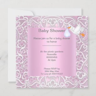 Invitation Dentelle rose élégant baby shower cigogne