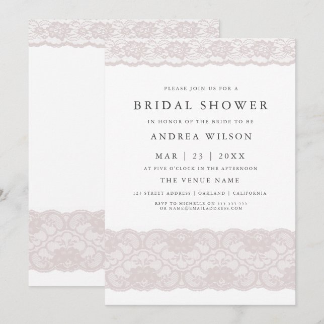 Invitation Dentelle rose Élégant Moderne Douche nuptiale Invi (Devant / Derrière)