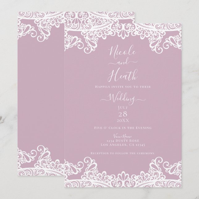 Invitation Dentelle rose et blanche Dusty Mariage élégant (Devant / Derrière)