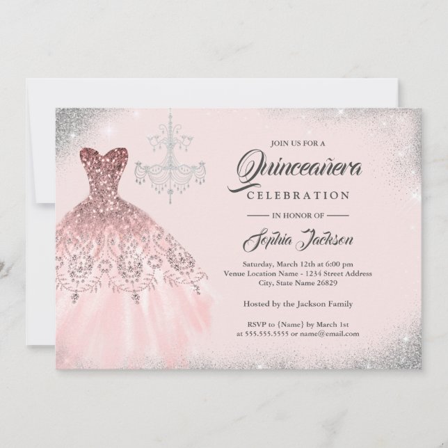 Invitation Dentelle rose or Diamond Gown Quinceanera (Devant)