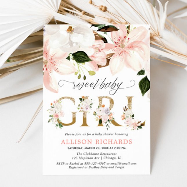Invitation Dentelle rose pâle burlap baby shower fille floral (Créateur téléchargé)