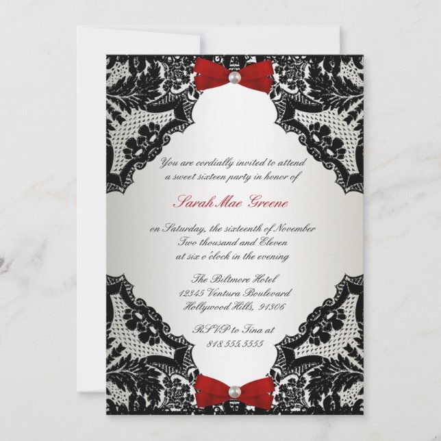 Invitation Dentelle rouge, blanche et noire Sweet 16 (Devant)