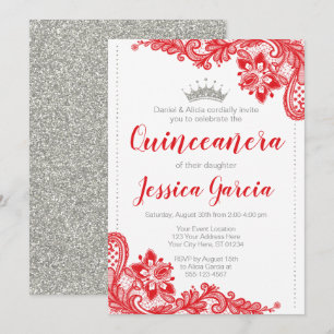 Invitation Dentelle rouge et Parties scintillant d'argent Qui