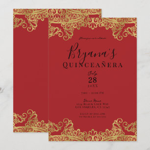 Invitation Dentelle rouge & or Elégante Quinceañera Party