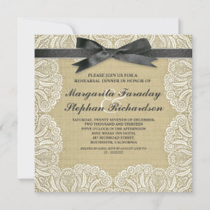 Invitation dentelle ruban & burlap répétition rustique dîner