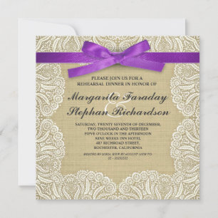 Invitation dentelle ruban & burlap répétition rustique dîner